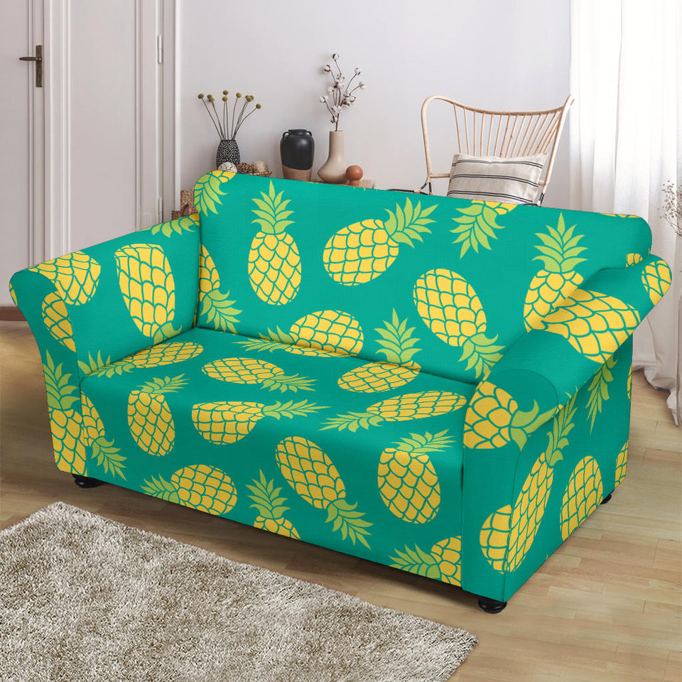 Pineapples Pattern Green Background Loveseat Couch Slipcover