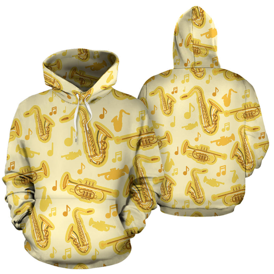 Saxophone Cornet Pattern Yellow Background Men Women Pullover Hoodie