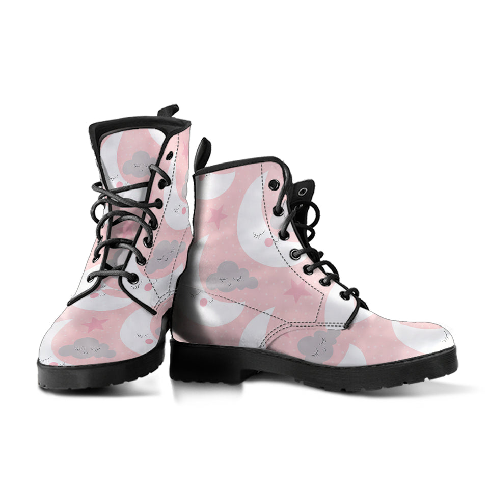 Cute Moon Cloud Star Pattern Pink Dot Background Leather Boots