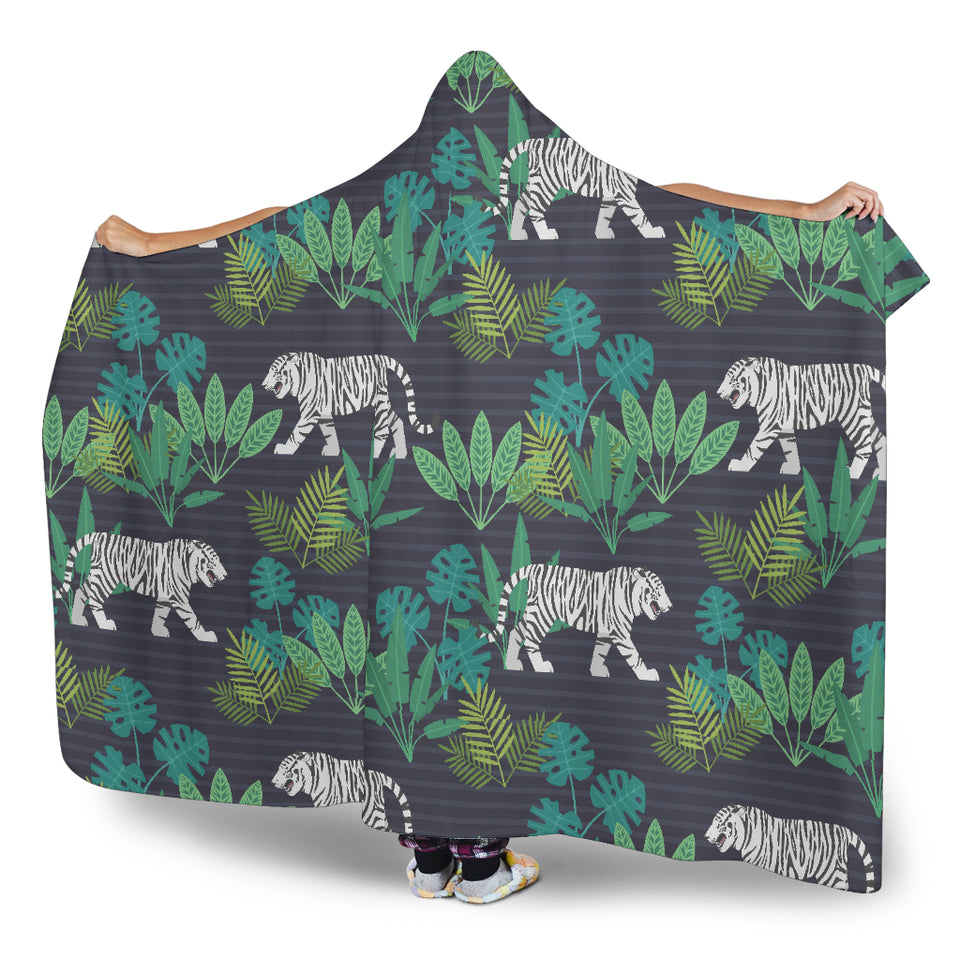 White Bengal Tigers Tropical Plant Hooded Blanket
