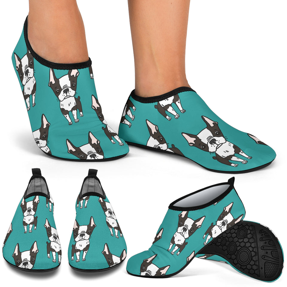 Hand Drawn Boston Terrier Dog Pattern Aqua Shoes