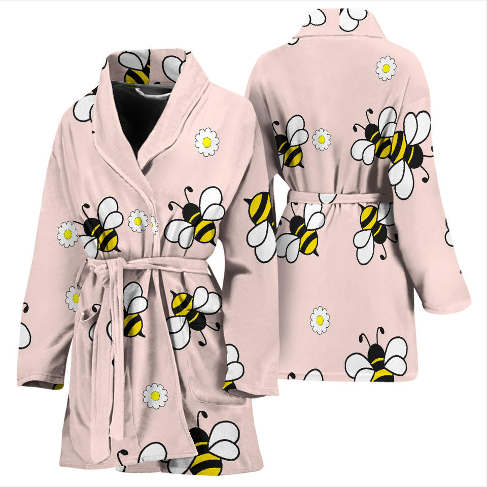 Cute Bee Flower Pattern Pink Background Women'S Bathrobe