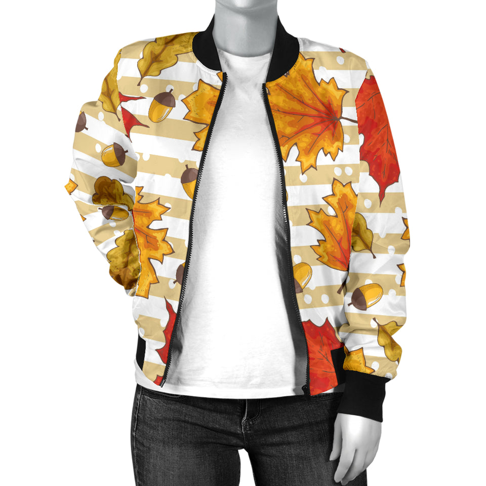 Maple Leaf Oak Leaf Acorns Beige Striped Background Women'S Bomber Jacket