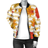 Maple Leaf Oak Leaf Acorns Beige Striped Background Women'S Bomber Jacket