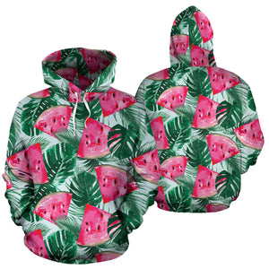 Watermelons Tropical Palm Leaves Pattern Men Women Pullover Hoodie