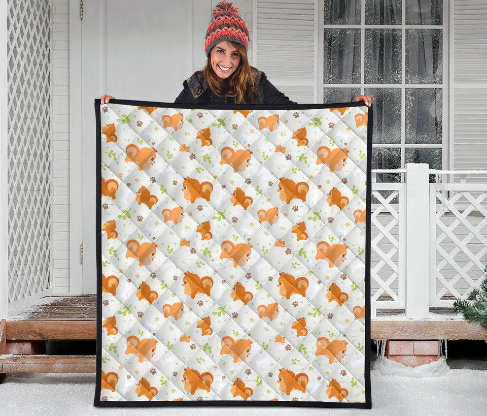 Cute Brown Pomeranian Paw Leave Bone Pattern Premium Quilt