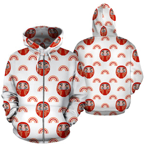 Daruma Japanese Wooden Doll Design Pattern Zip Up Hoodie