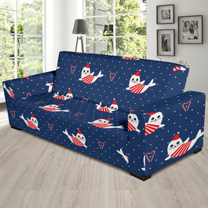 Cute Sea Lion Seal Christmas Hat Candy Cane Heart Pattern Sofa Slipcover