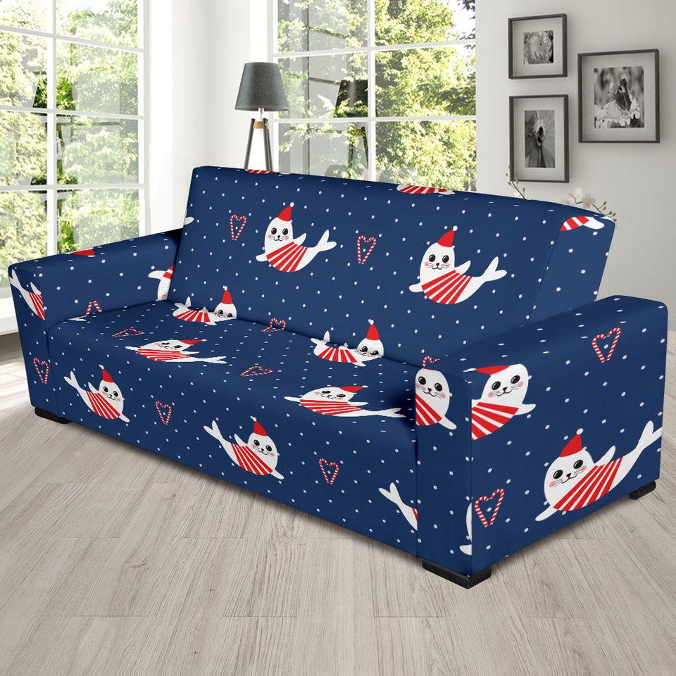 Cute Sea Lion Seal Christmas Hat Candy Cane Heart Pattern Sofa Slipcover