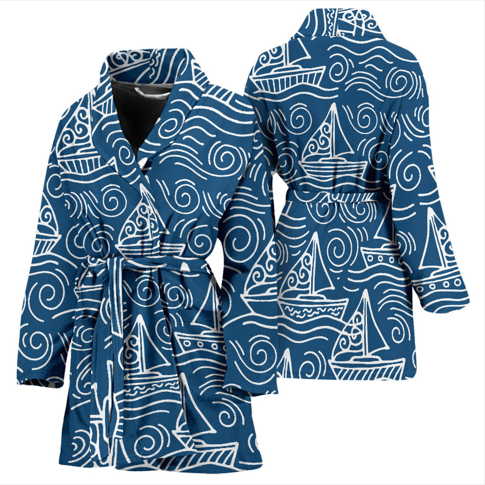 Hand Drawn Sailboat Pattern Women'S Bathrobe