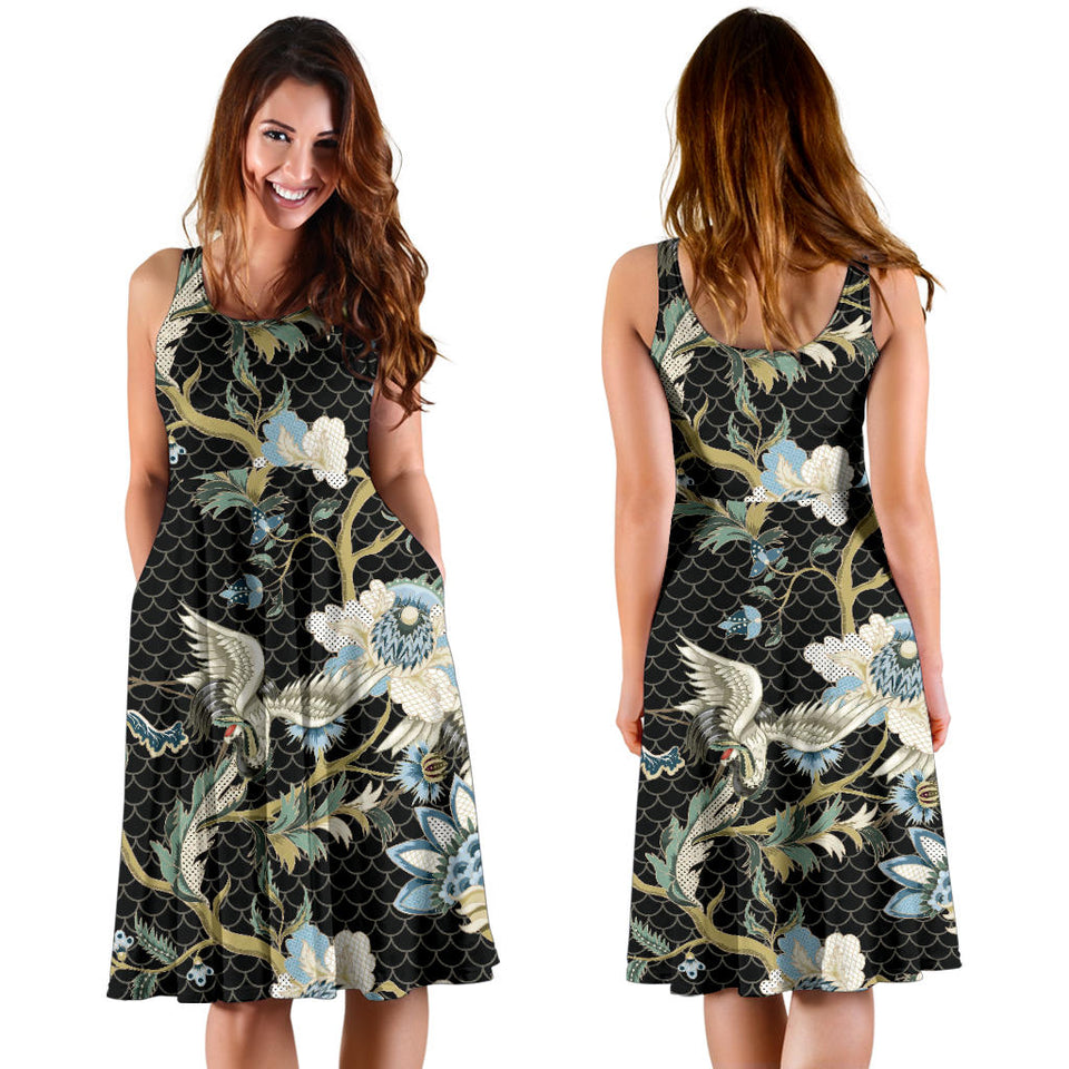 Japanese Crane Ornament Elements Sleeveless Midi Dress