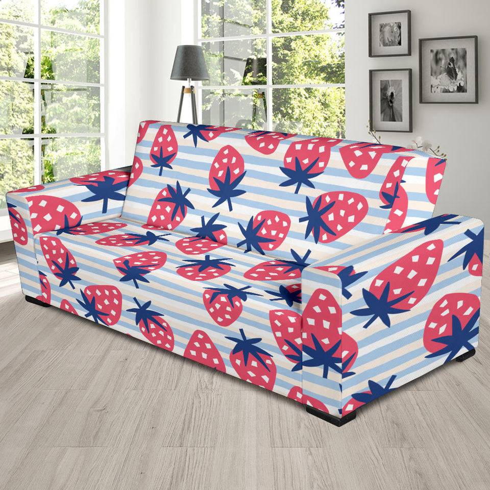 Strawberry Pattern Blue Lines Background Sofa Slipcover