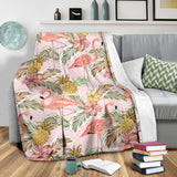 Pink Flamingo Birds Pineapples Hibiscus Flower Pattern Premium Blanket