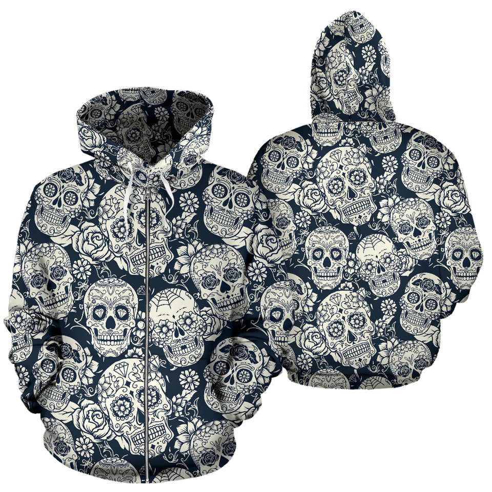 Sugar Skull Black White Pattern Zip Up Hoodie