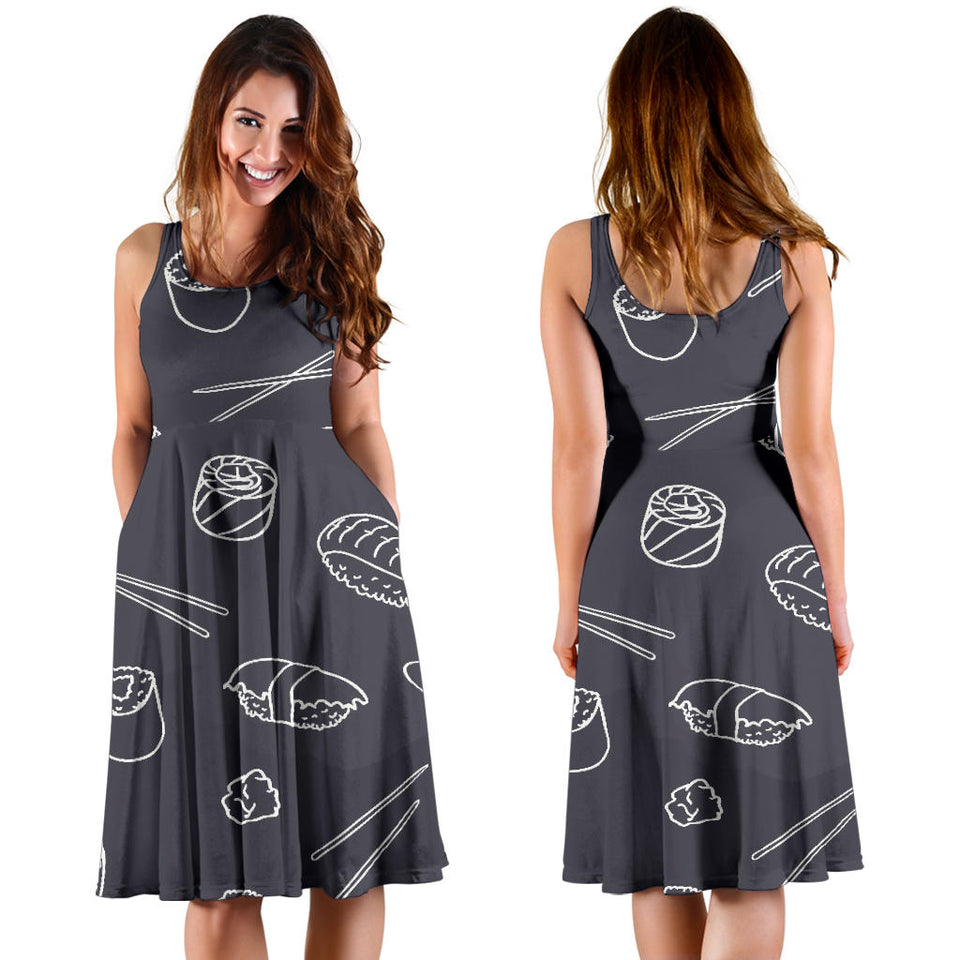 Sushi Pattern Black Background Sleeveless Midi Dress