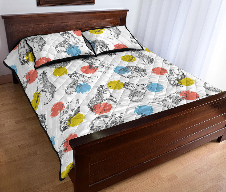 Siberian husky and colorful circle pattern Quilt Bed Set