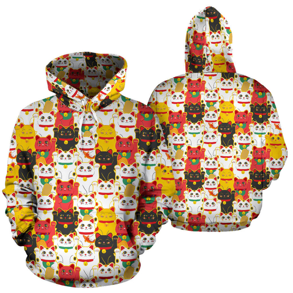 Colorful Maneki Neko Lucky Cat Pattern Men Women Pullover Hoodie