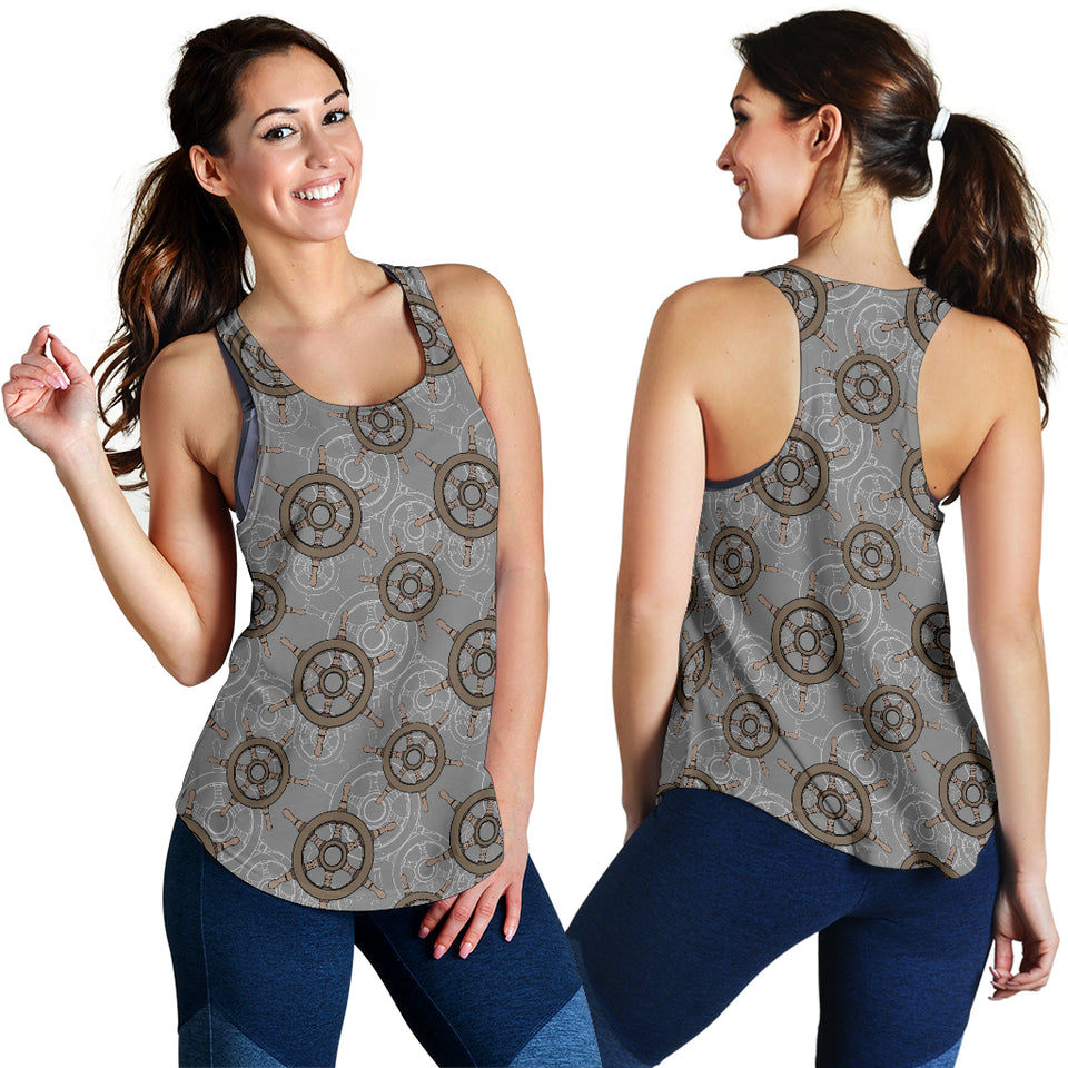 nautical wood steering wheel pattern Women Racerback Tank Top