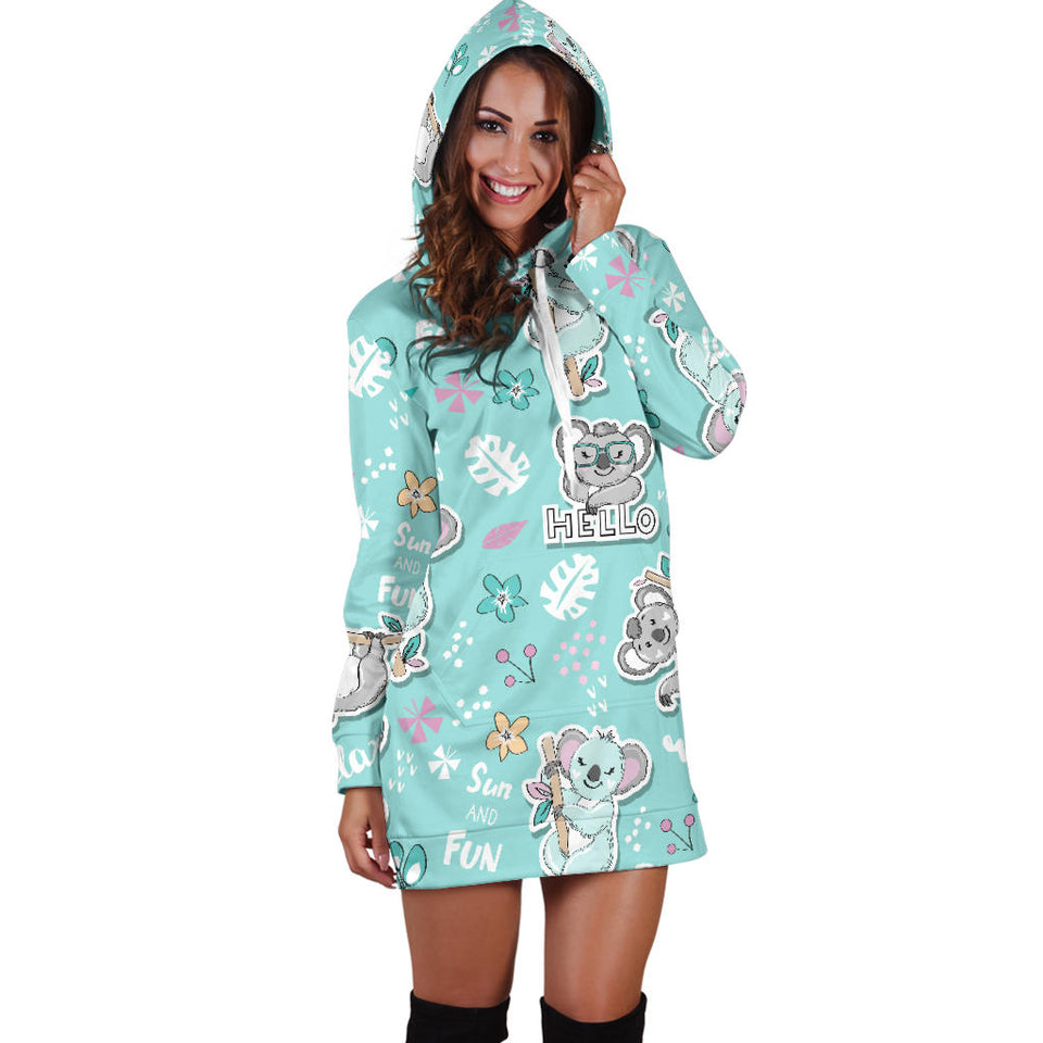 Cute Koalas Blue Background Pattern Women'S Hoodie Dress