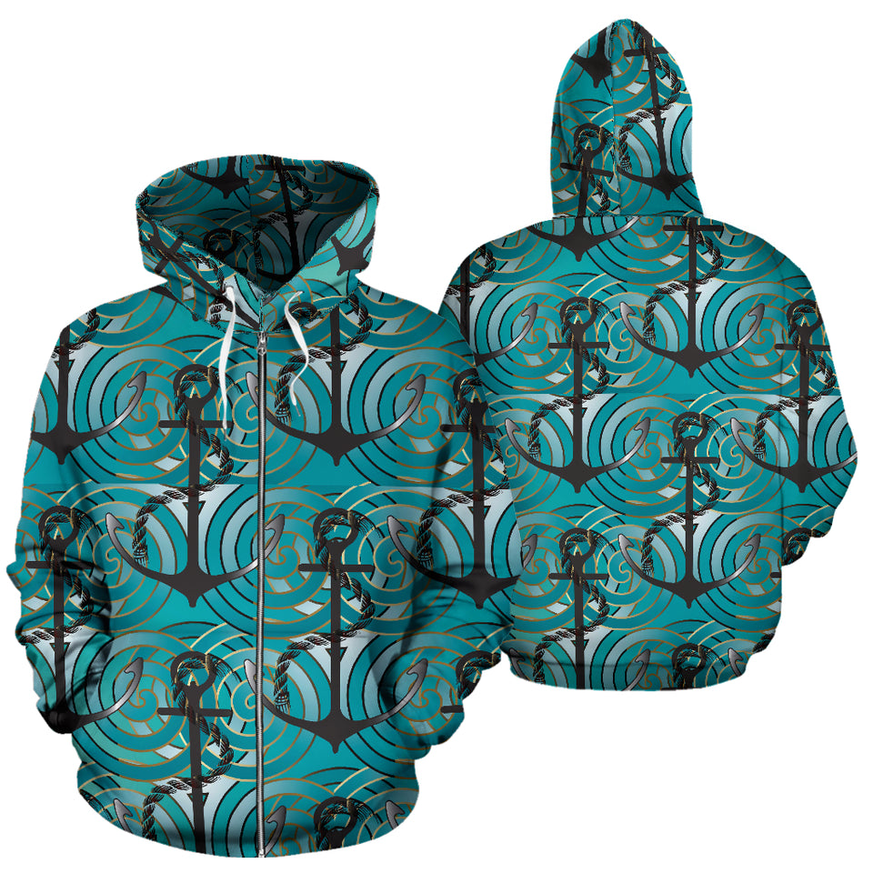 Anchor Nautical Green Background Zip Up Hoodie