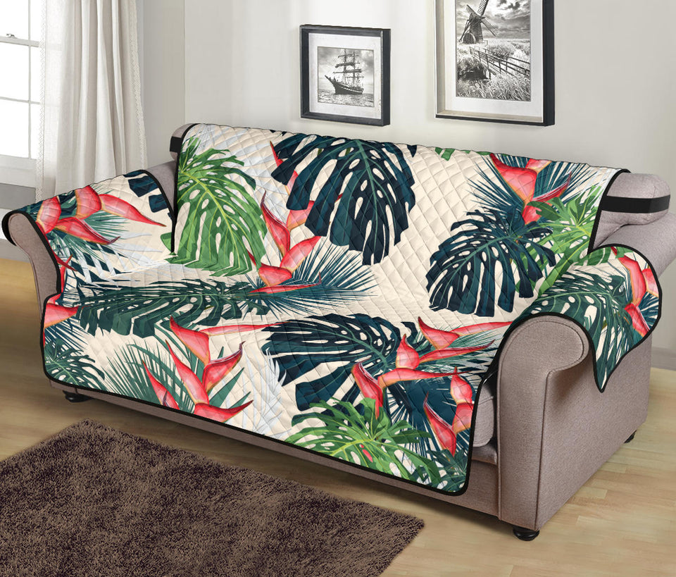 heliconia flowers, palm and monstera leaves Sofa Cover Protector