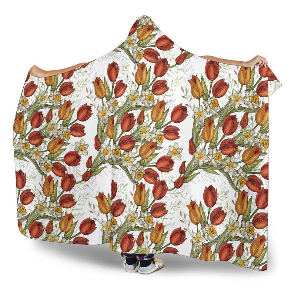 Red Tulips And Daffodils Pattern Hooded Blanket
