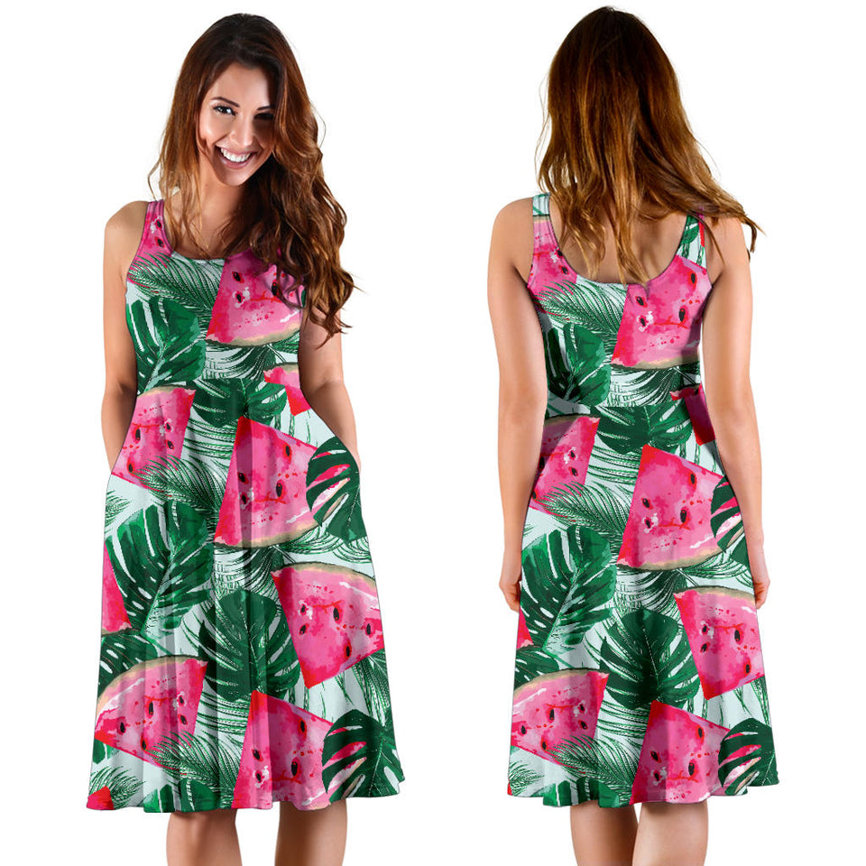 Watermelons Tropical Palm Leaves Pattern Sleeveless Midi Dress