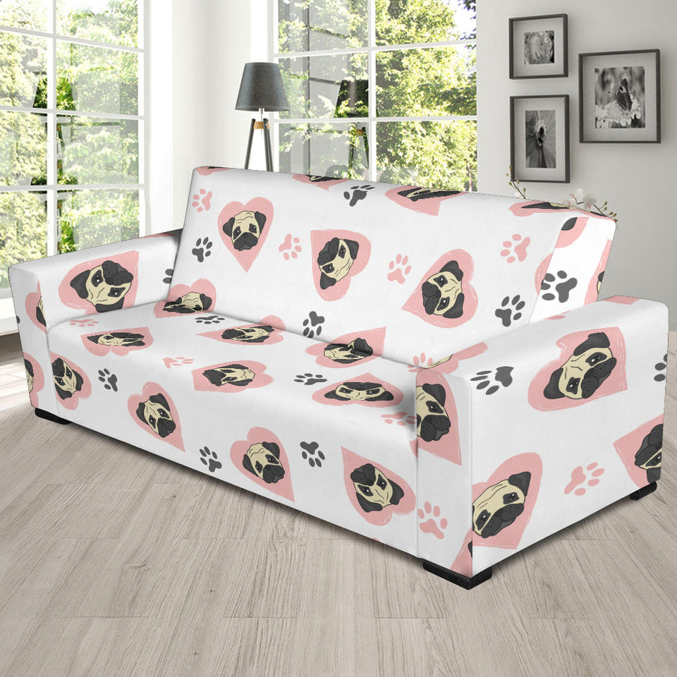 Cute Pugs Pink Heart Paw Pattern Sofa Slipcover