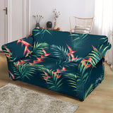 Heliconia Flowers, Palm And Monstera Leaves On Black Background Pattern Loveseat Couch Slipcover