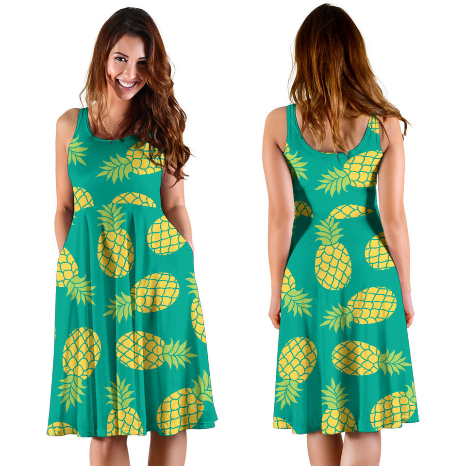 Pineapples Pattern Green Background Sleeveless Midi Dress