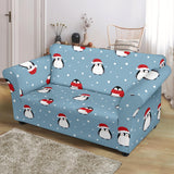 Cute Penguin Christmas Snow Pattern Loveseat Couch Slipcover