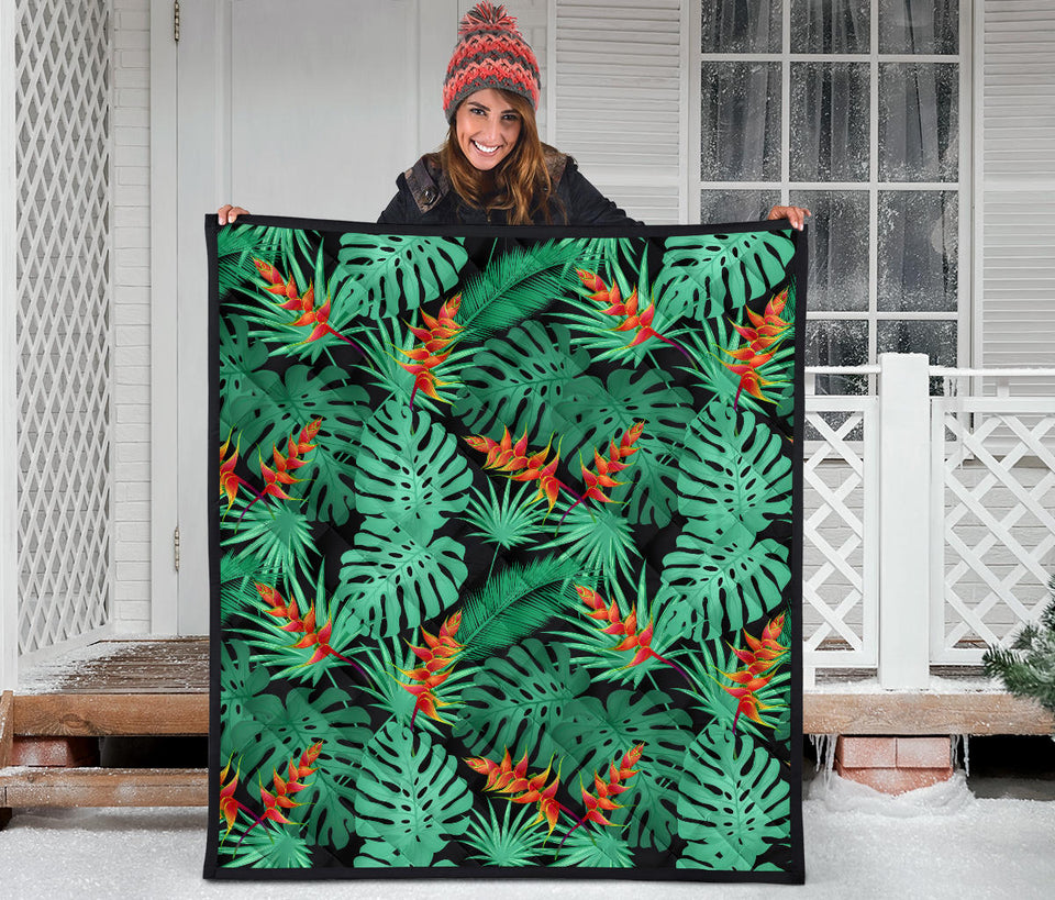 Heliconia Flower Palm Monstera Leaves Black Background Premium Quilt
