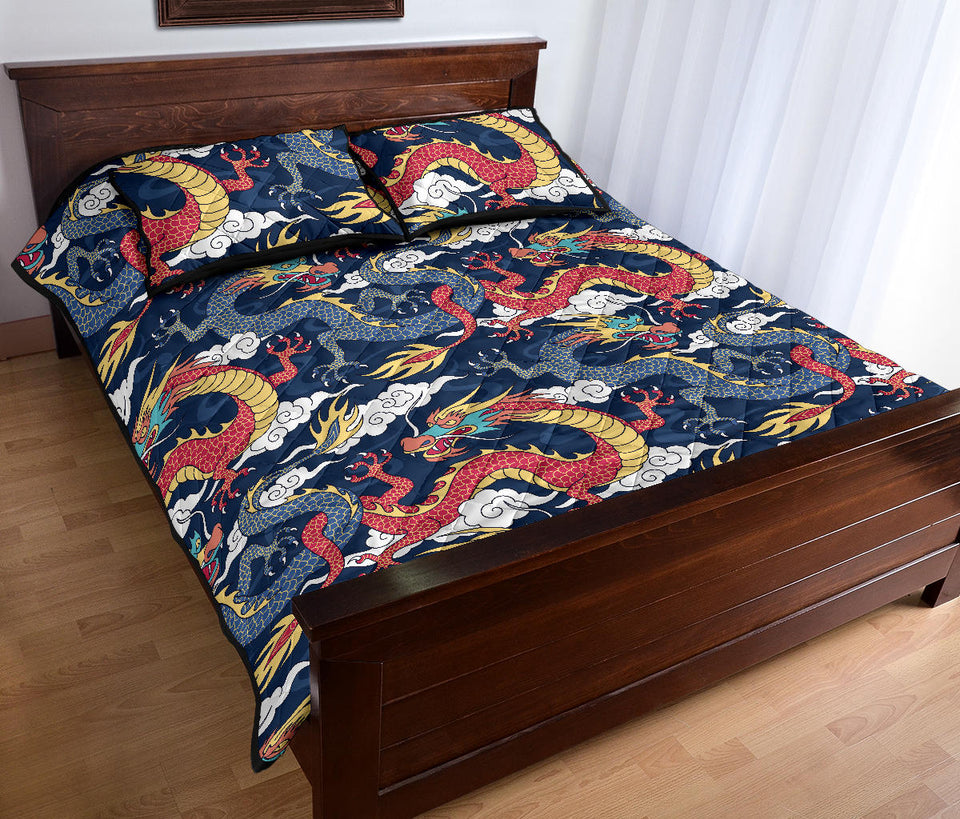 Blue red dragon cloud pattern Quilt Bed Set