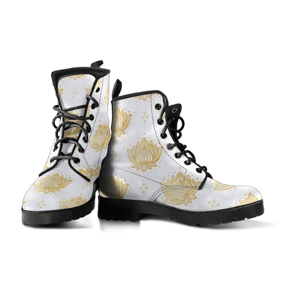 Gold Ornamental Lotue Waterlily Symbol Pattern Leather Boots