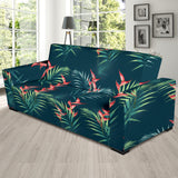 Heliconia Flowers, Palm And Monstera Leaves On Black Background Pattern Sofa Slipcover