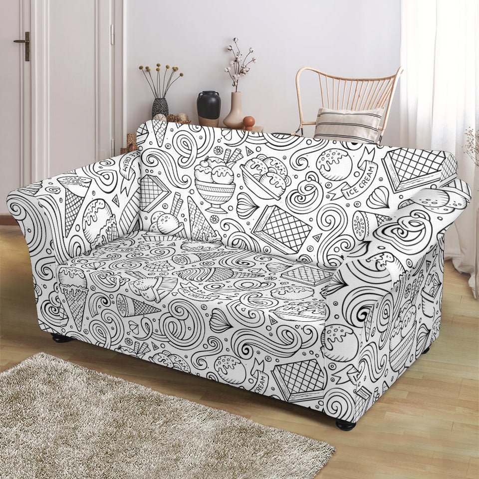 Cartoon Hand Drawn Ice Cream Black White Loveseat Couch Slipcover