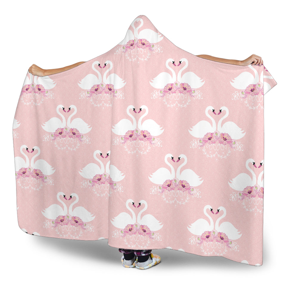 White Swan And Flower Love Pattern Hooded Blanket