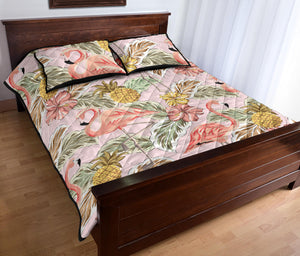Pink flamingo birds pineapples hibiscus flower pattern Quilt Bed Set