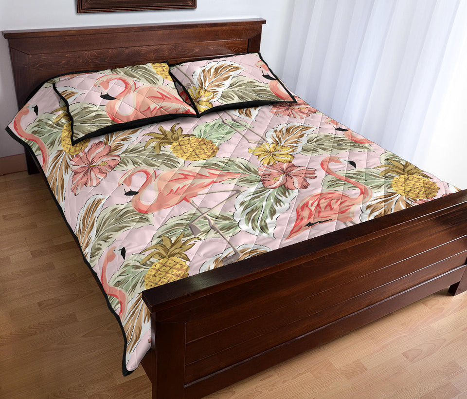 Pink flamingo birds pineapples hibiscus flower pattern Quilt Bed Set