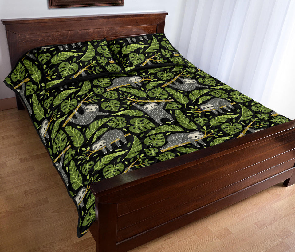 Cute sloths tropical palm leaves black background Quilt Bed Set