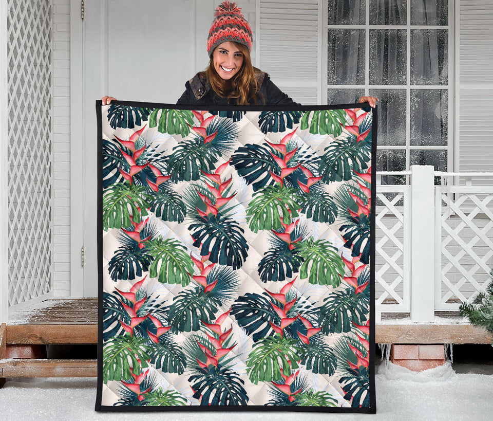 Heliconia Flowers, Palm And Monstera Leaves Premium Quilt