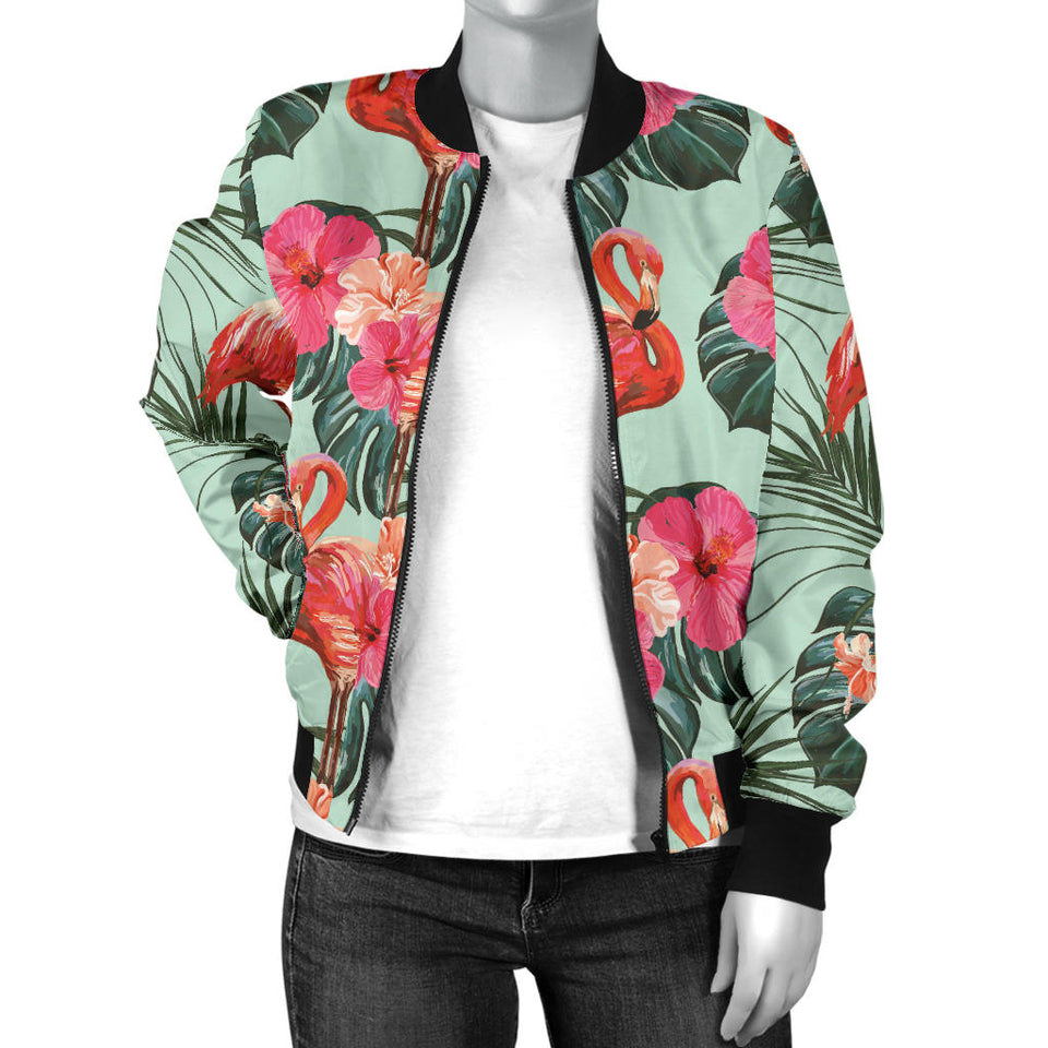 Beautiful Flamingo Tropical Palm Leaves Hibiscus Pateern Background Women'S Bomber Jacket