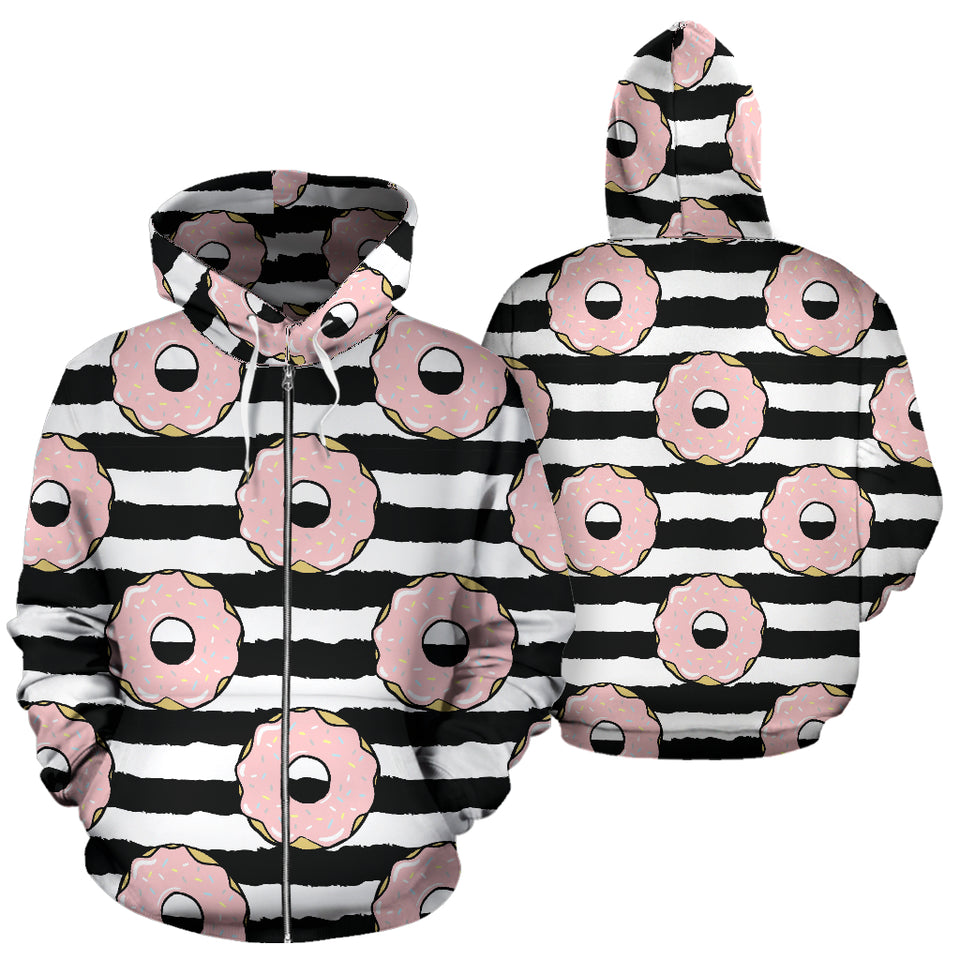 Donuts Pink Icing Striped Pattern Zip Up Hoodie