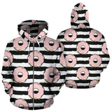 Donuts Pink Icing Striped Pattern Zip Up Hoodie