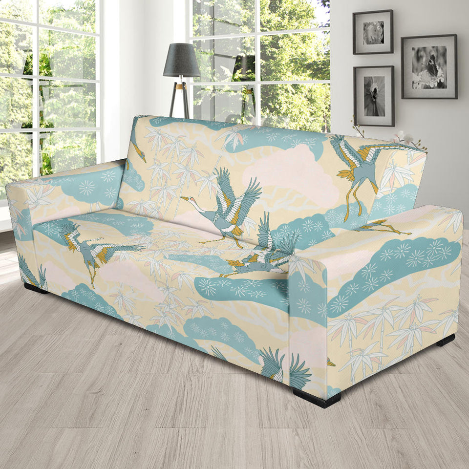 Bonsai Bamboo Stork Japanese Pattern Cream Theme Sofa Slipcover