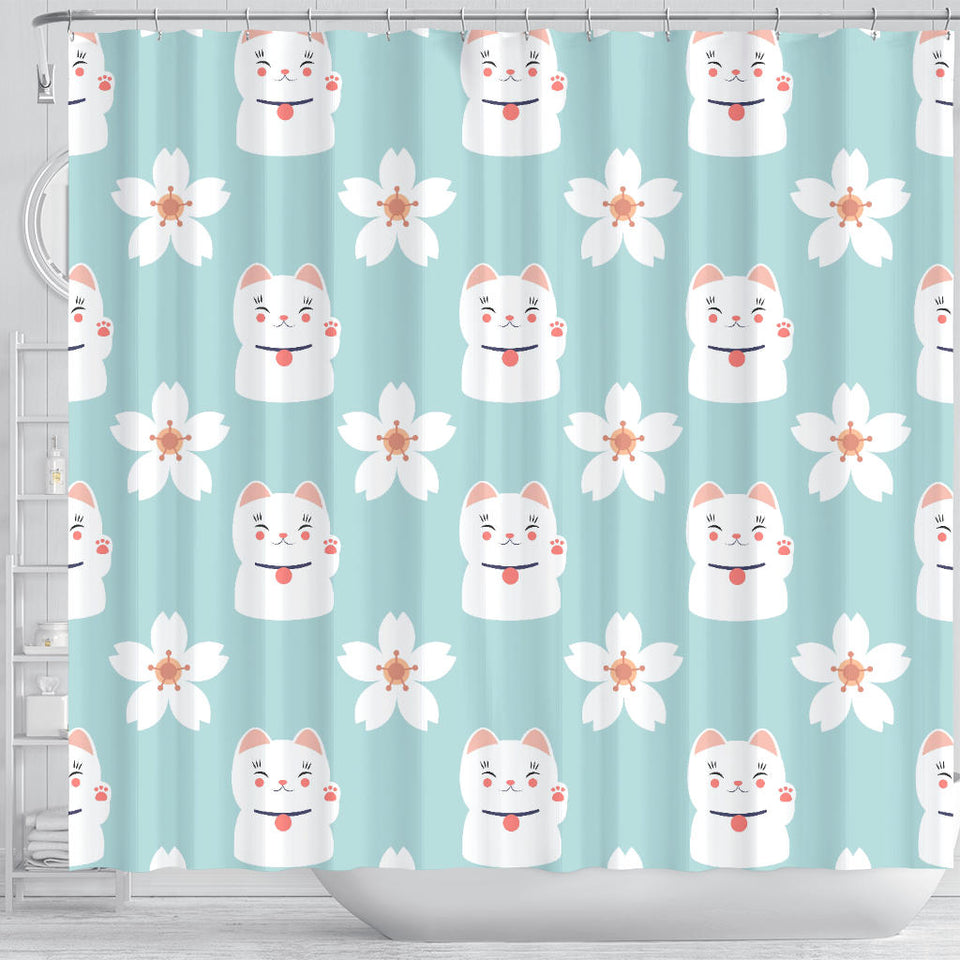 Maneki Neko Lucky Cat Sakura Shower Curtain Fulfilled In US