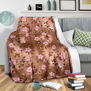 Pink Sakura Cherry Blossom Drak Brown Background Premium Blanket