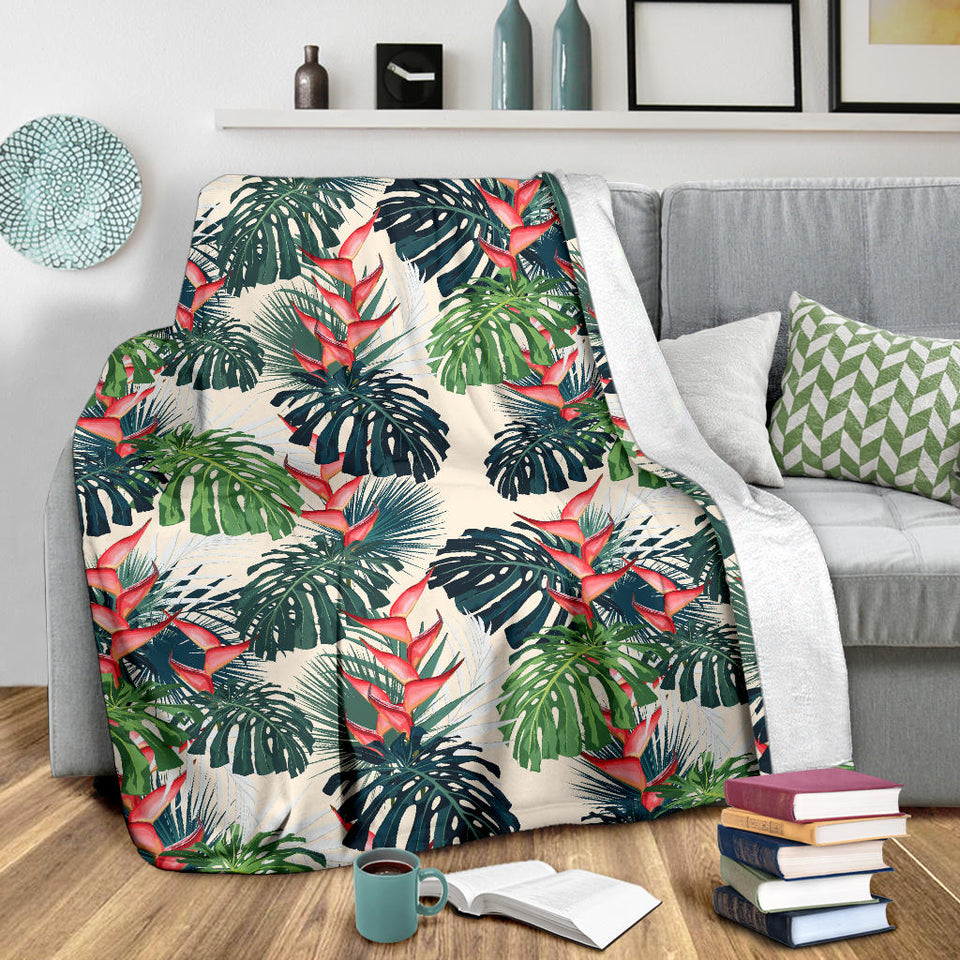 Heliconia Flowers, Palm And Monstera Leaves Premium Blanket