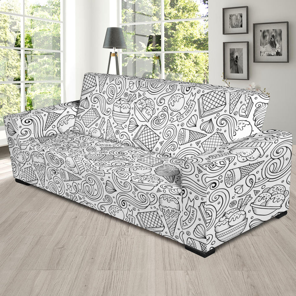 Cartoon Hand Drawn Ice Cream Black White Sofa Slipcover