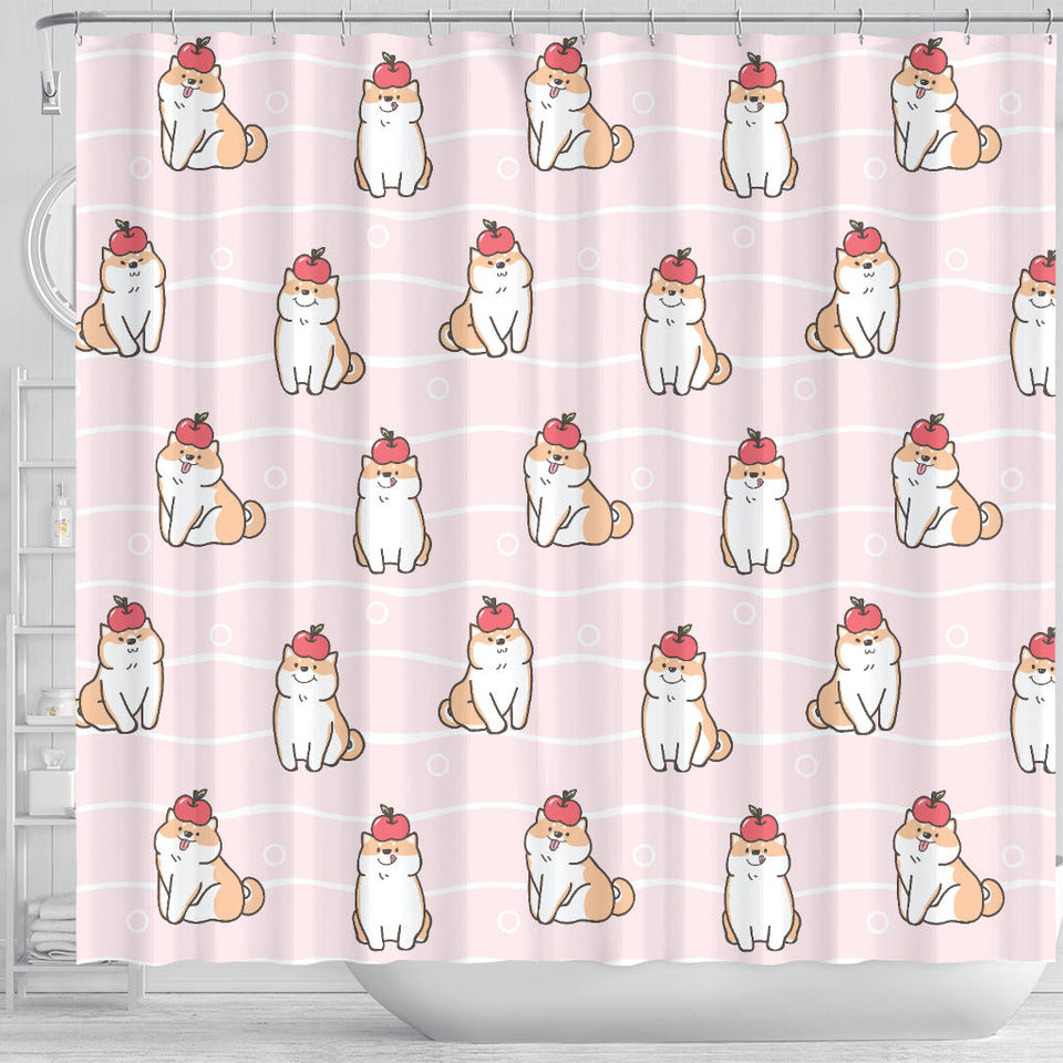 Cute Shiba Inu Dog Apple Pattern Shower Curtain Fulfilled In US